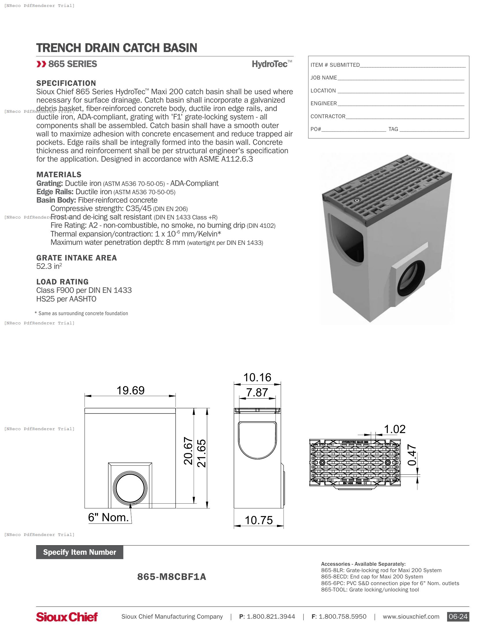 865 SERIES - HYDROTEC MAXI 200 F1 CATCH BASIN - SPEC SHEET.PDF Specification Document